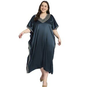 Gypsie Blu Long Satin Solid Embroidery Caftan Dress Beach Night Party Cover Up